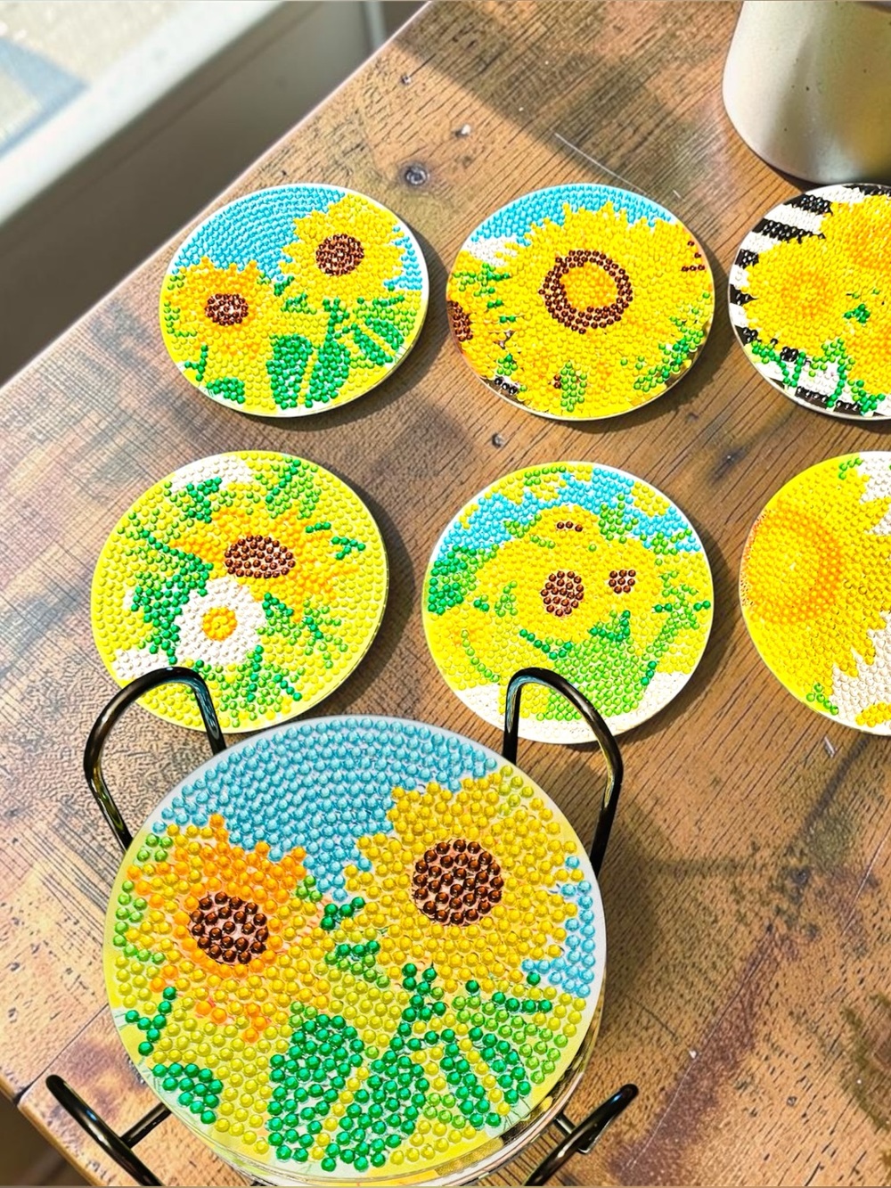 Set of 6 Sunflower Coasters with Holder Hand Crafted & Sealed 4”